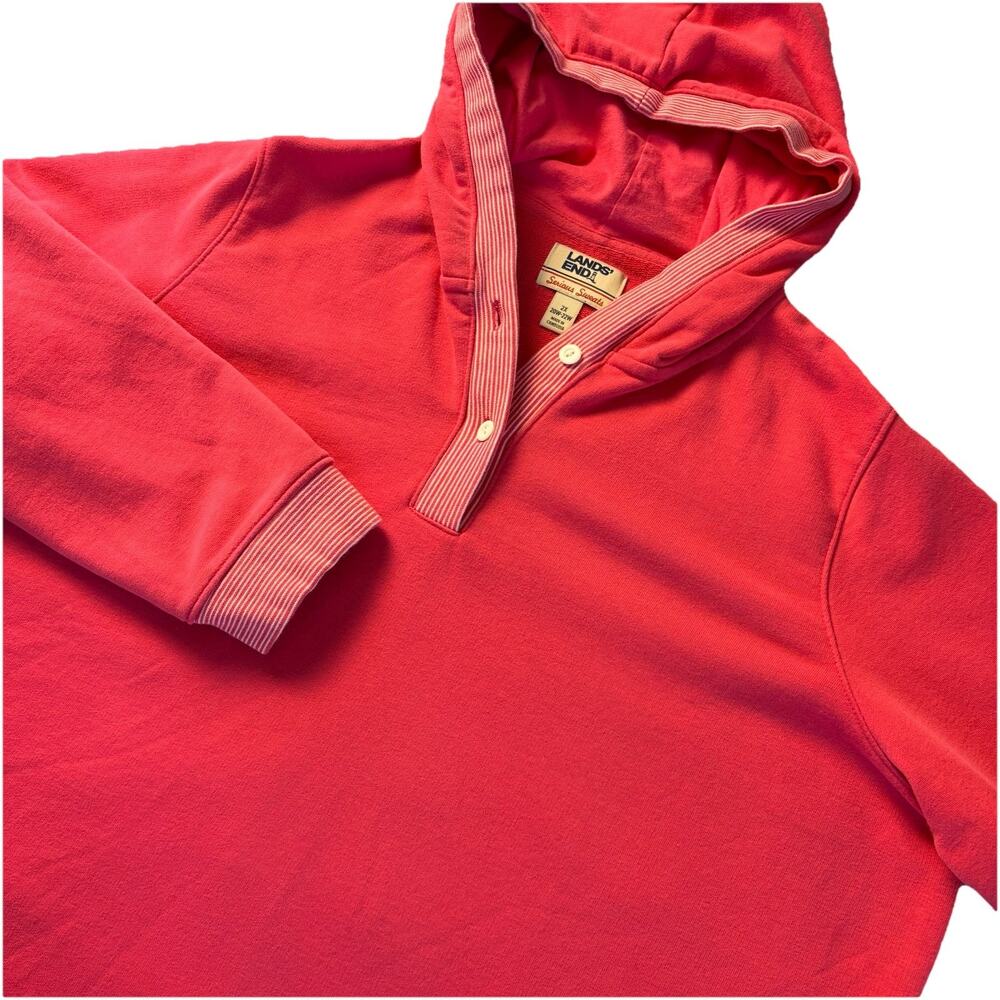 Lands' End Serious Sweats Women's 2X Hooded Henley Pullover Sweatshirt Pink